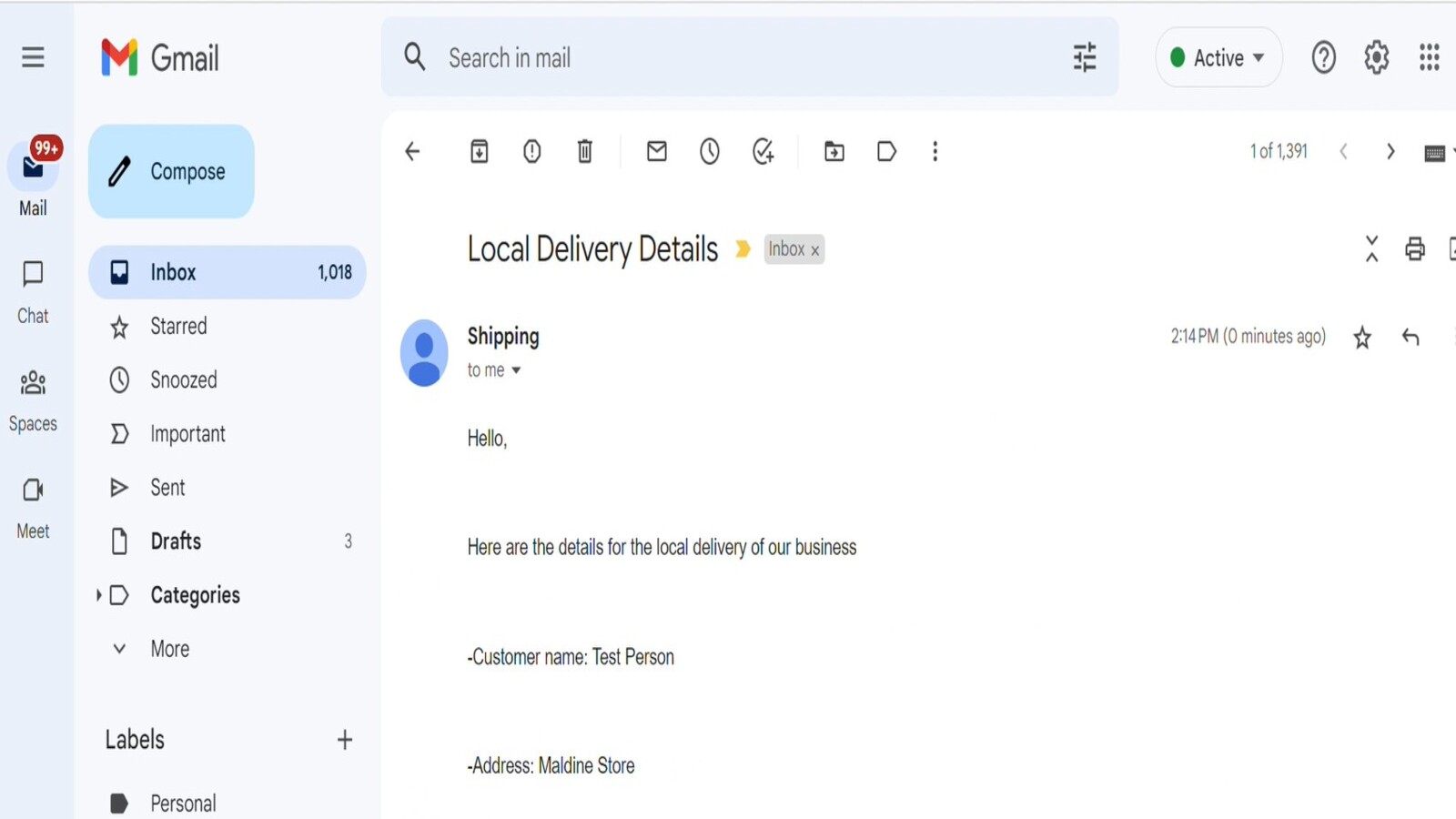 Exemplo de e-mails de itinerário de entrega automatizados