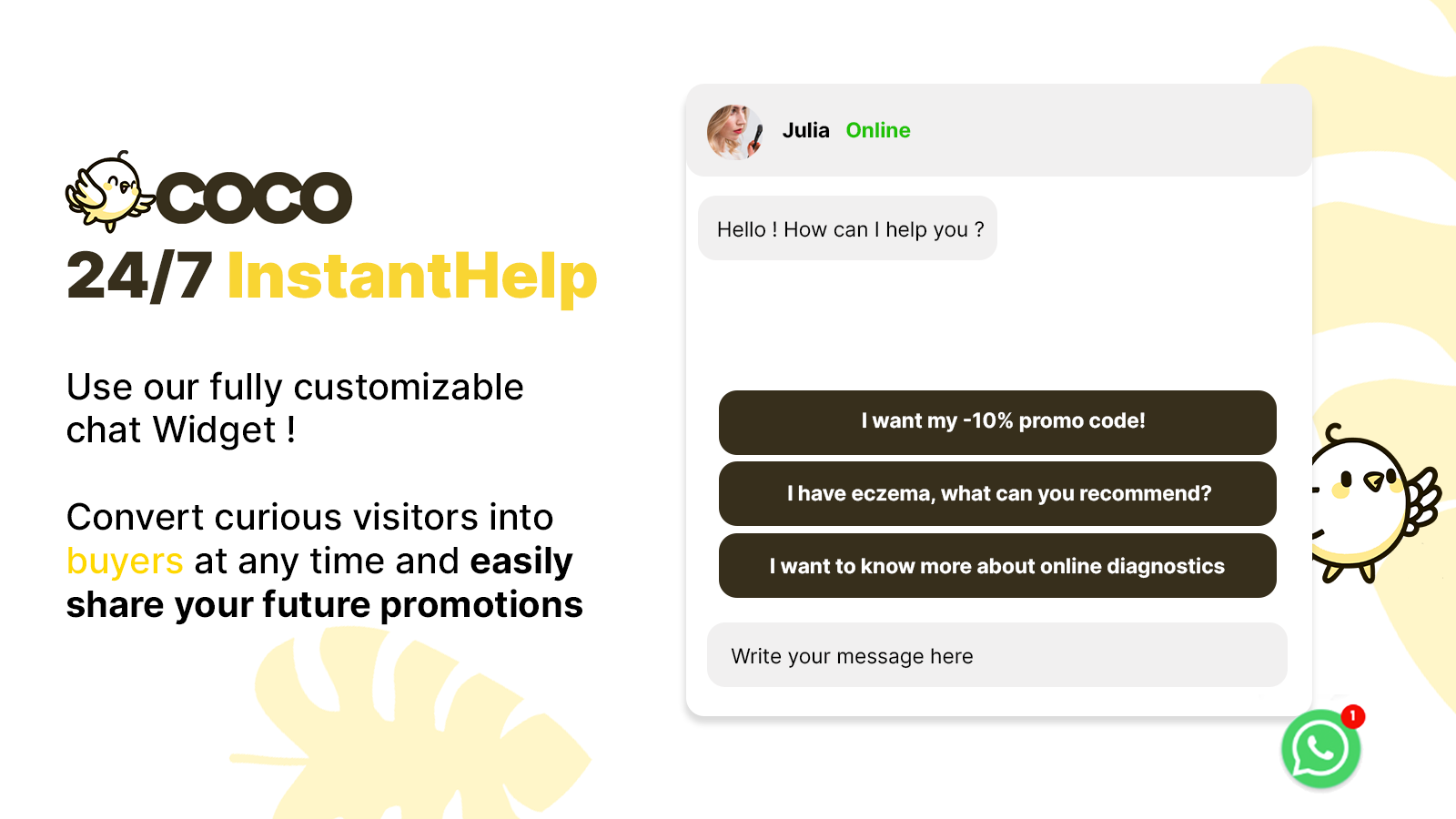CoCo has a Chat Widget AI redirecting to your whatsapp business