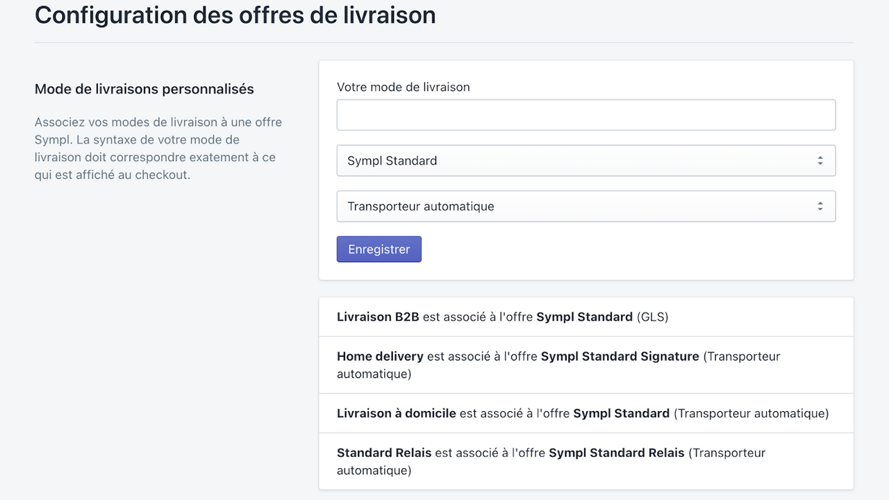 Enregistrez vos méthodes d'expédition Sympl