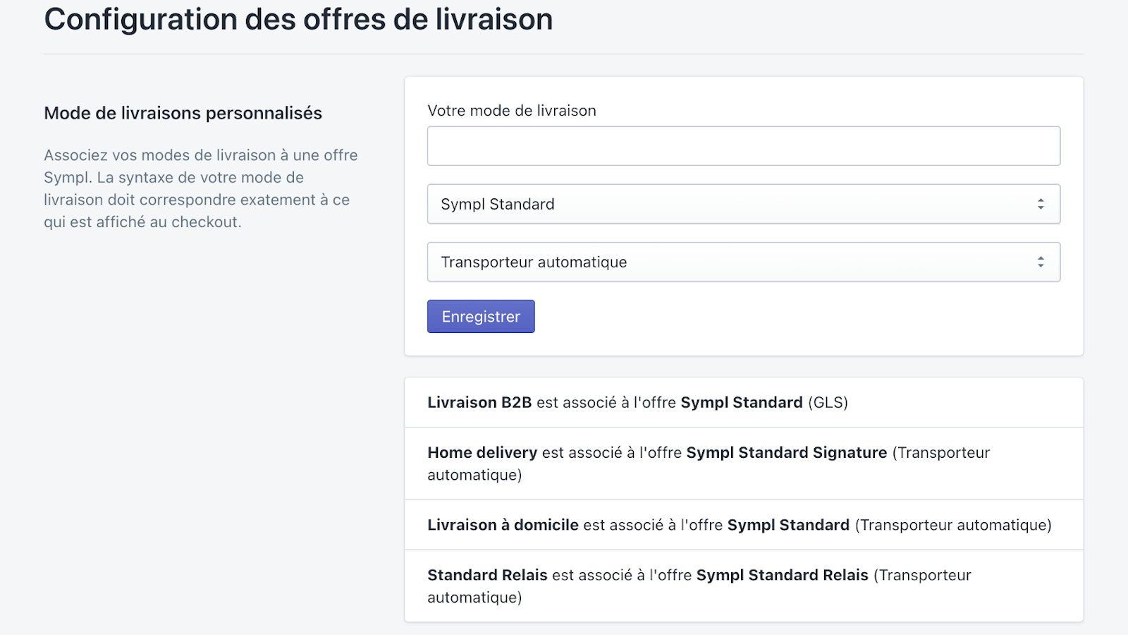 Enregistrez vos méthodes d'expédition Sympl
