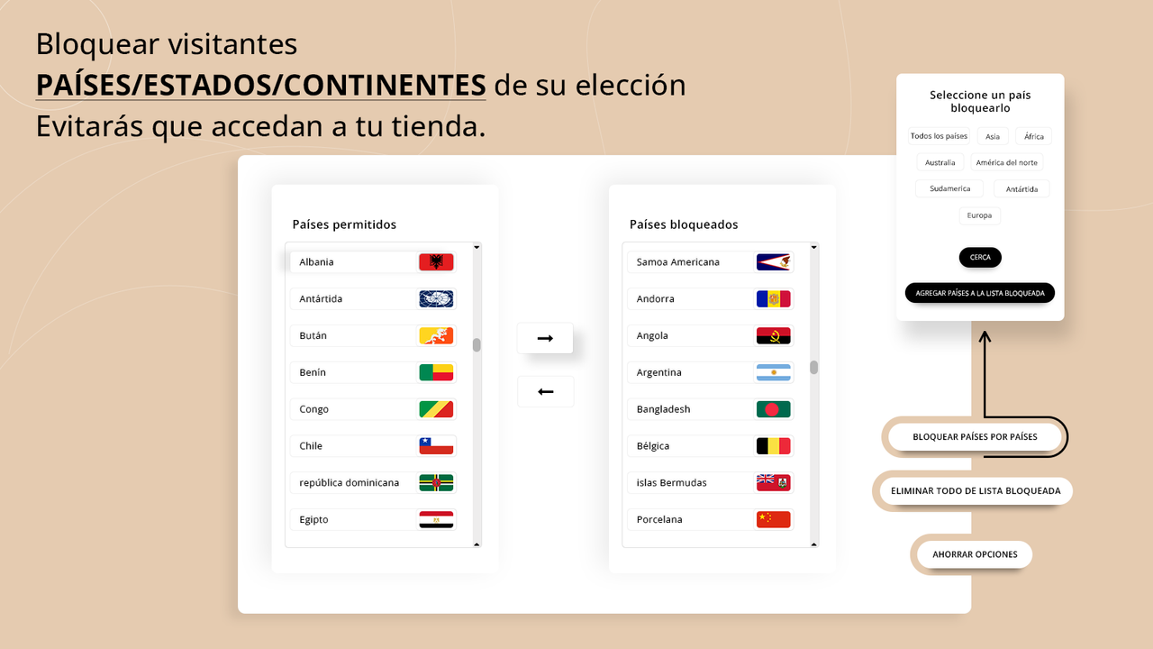 Página de configuración del bloqueador de países.