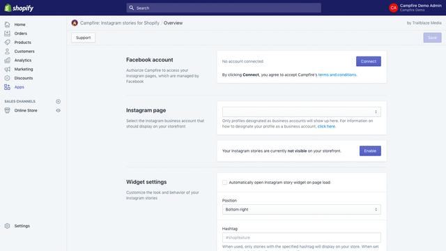 Configuración del panel de control del comerciante de la aplicación Campfire Shopify