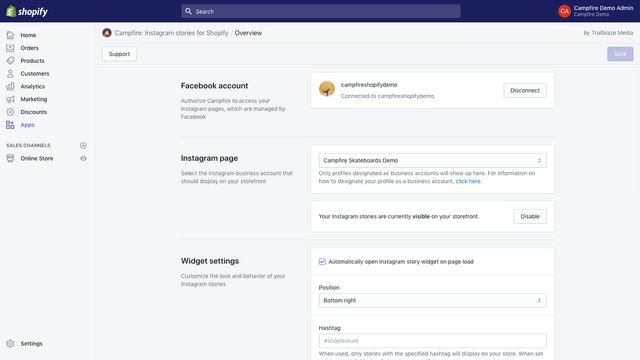 Configuración completa del panel de control del comerciante de la aplicación Campfire Shopify