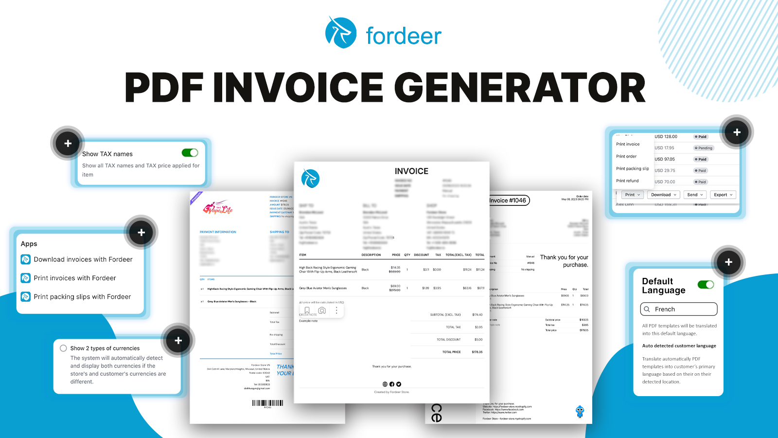 Show tax names, multilingual, currencies on invoices