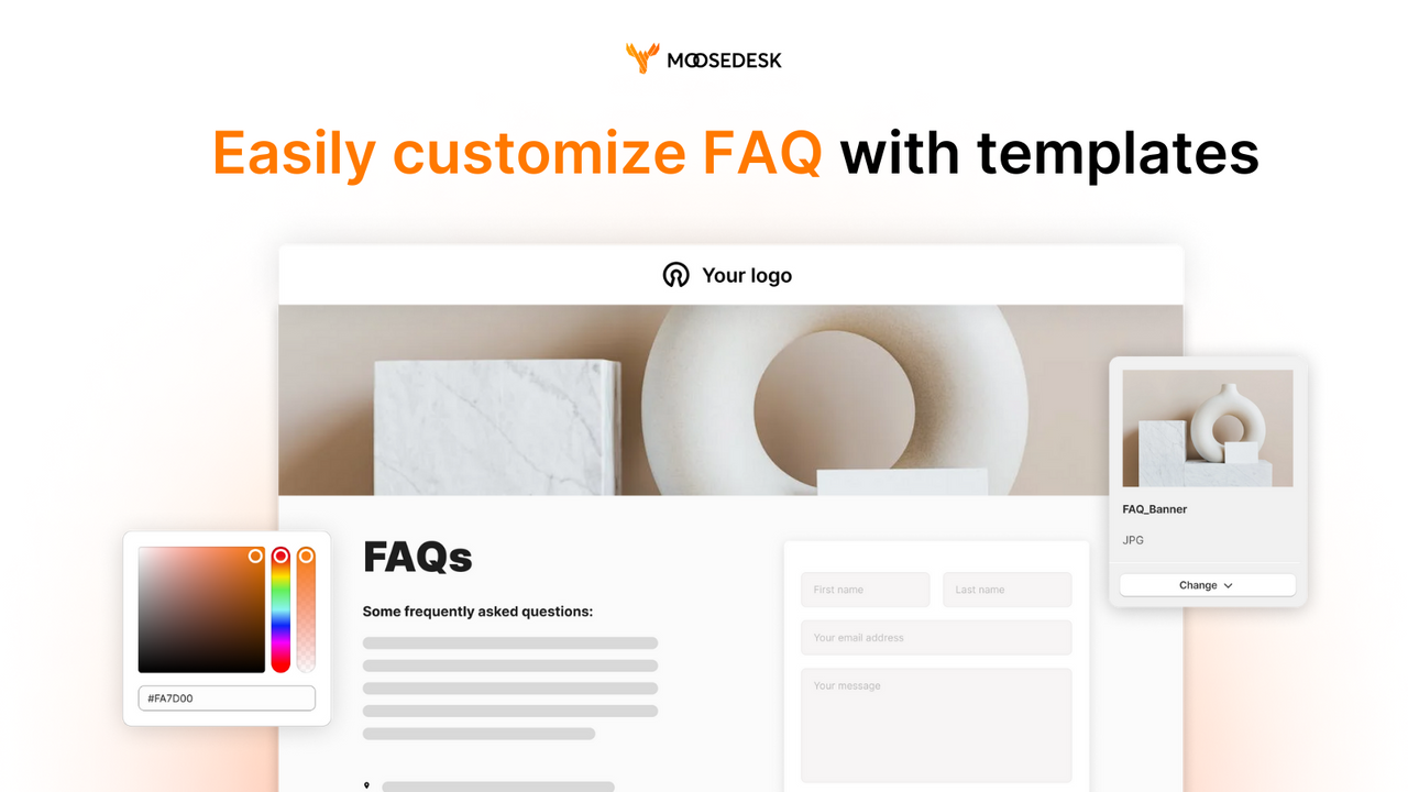 MooseDesk faq customize with color selection and media card