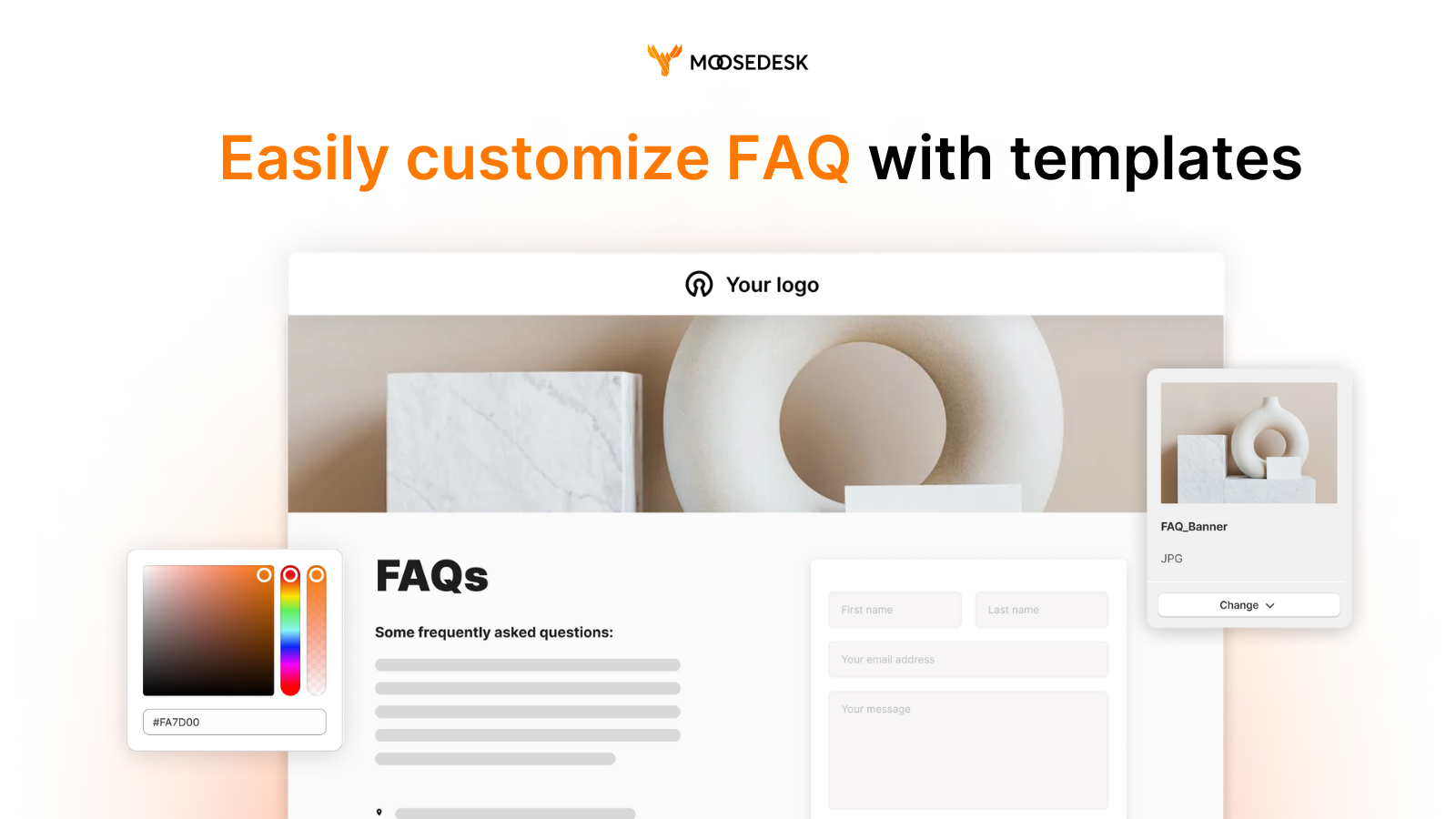 Personalización de MooseDesk faq con selección de color y tarjeta de medios