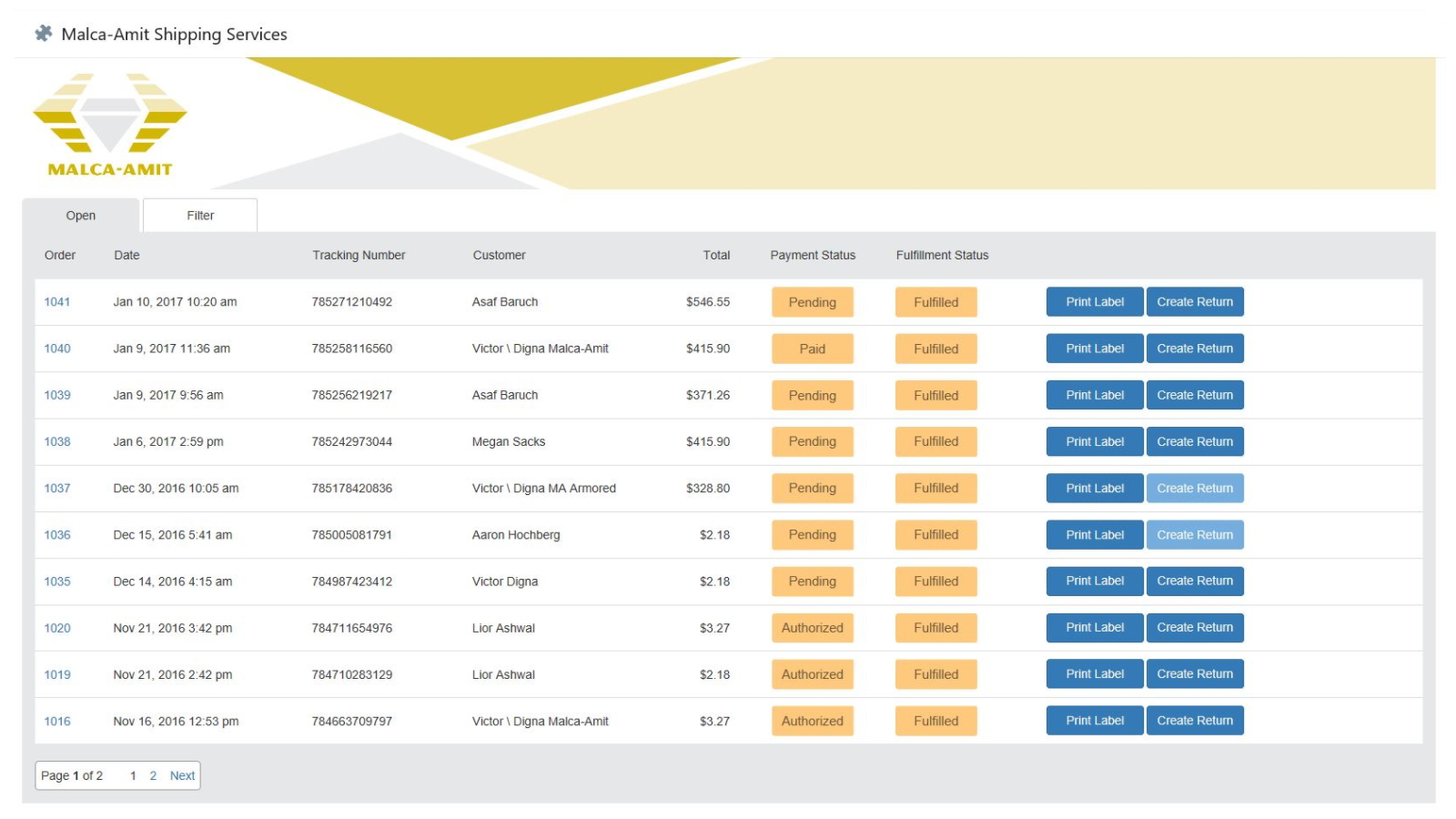 Malca-Amit Shipping Services orderlista