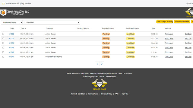 Tableau de bord des commandes de Malca-Amit Shipping Services