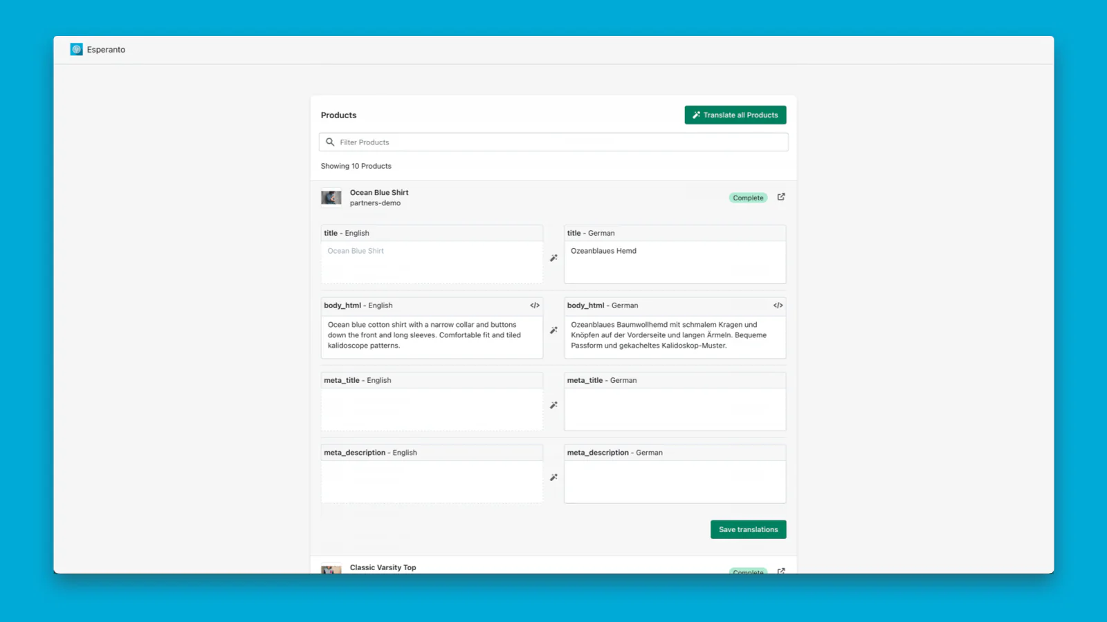 Detail view for automatic or manual translation management