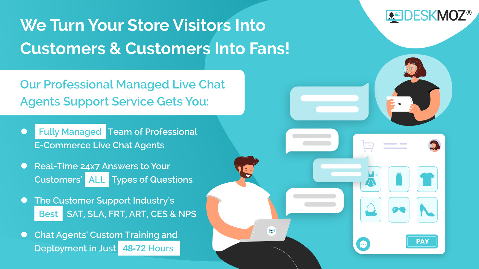 Banner för DeskMoz's 24x7 Managed Live Chat Agents Service.