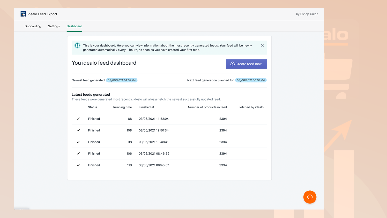 Exportación de piensos de Dashboard idealo