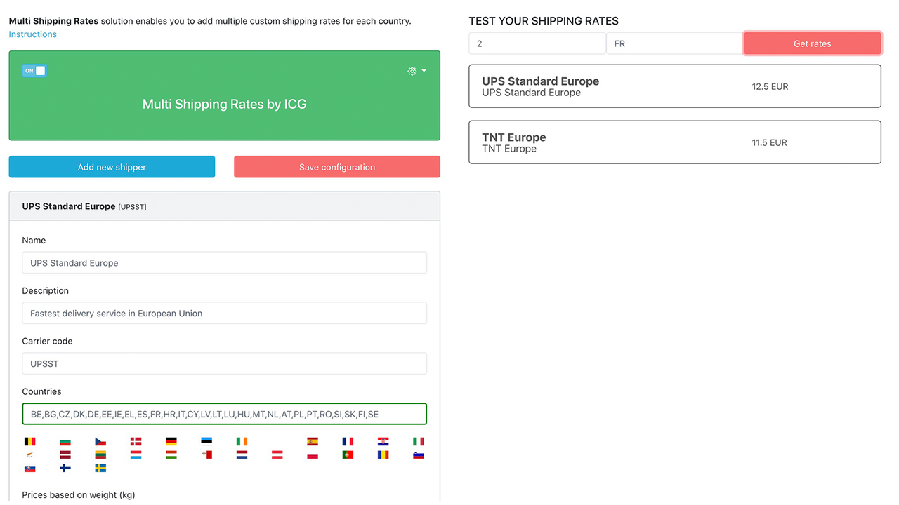 Tela principal do Multi Shipping Rates