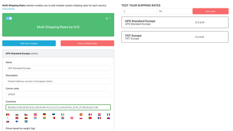 ICG Shipping Rates Screenshot