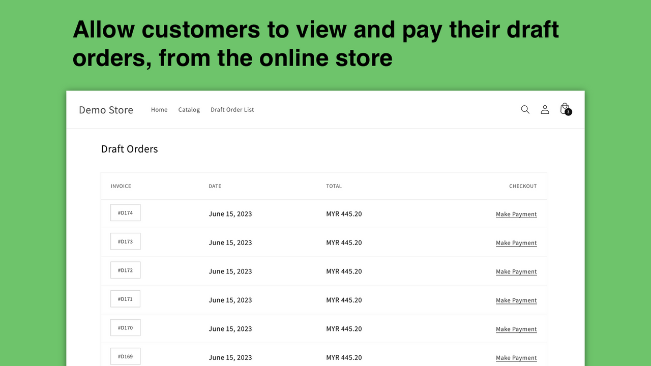 Permite a los clientes ver y pagar pedidos preliminares, desde la tienda en línea