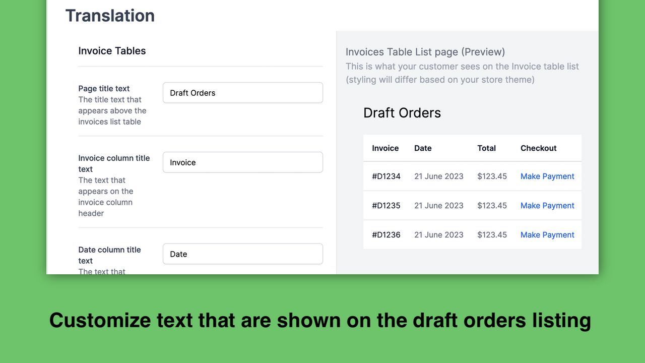 Customize text that are shown on the draft orders listing