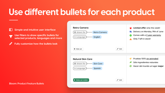 Control which bullets are shown for which products.