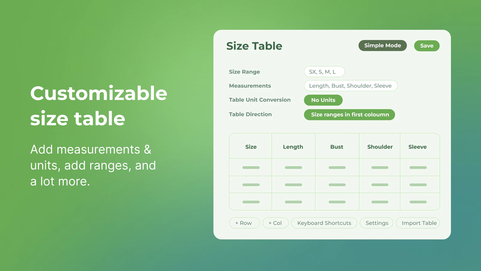 kiwi sizing, Größentabelle, fit finder - Größendiagramm-Tabelle Editor