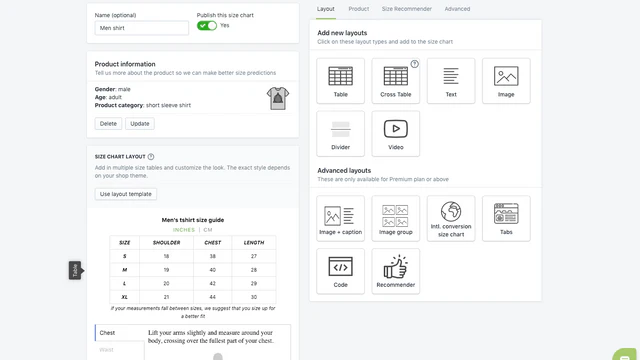 Size Chart editor