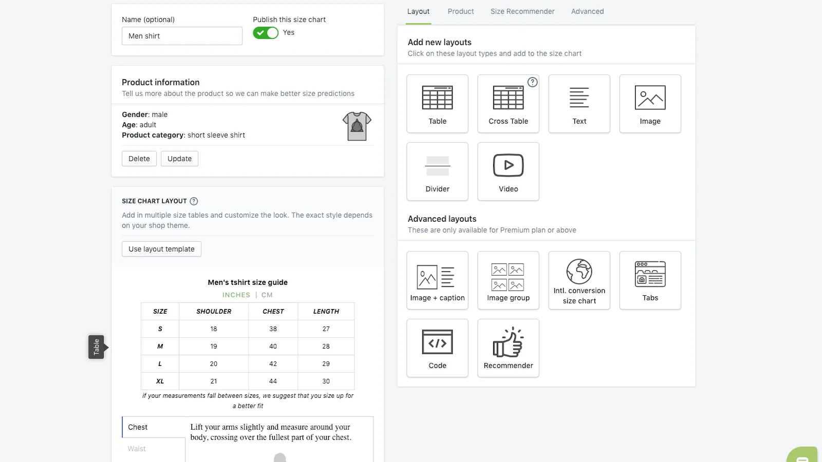 Size Chart editor