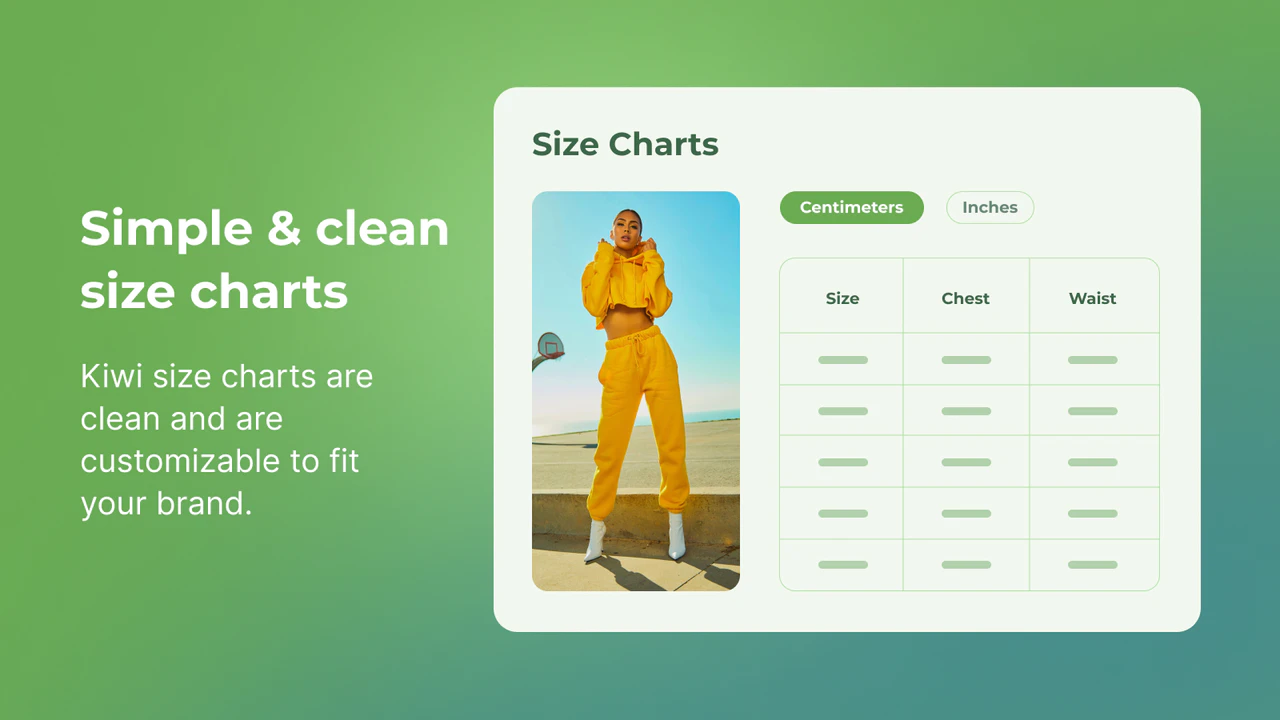 kiwi størrelser, størrelsesdiagram, pasform finder - Modal Størrelsesanbefaler