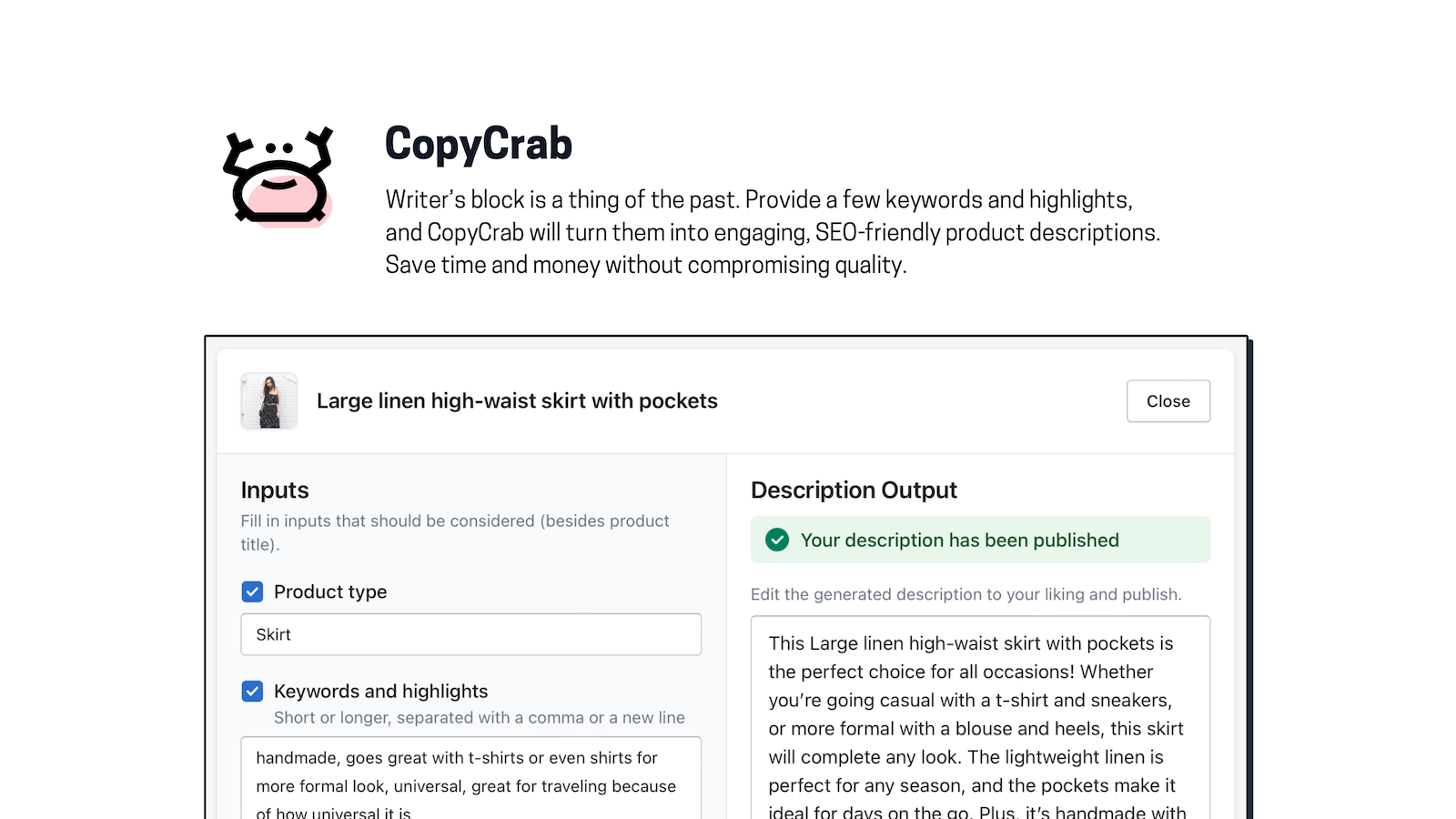 Create compelling product descriptions in seconds with CopyCrab.