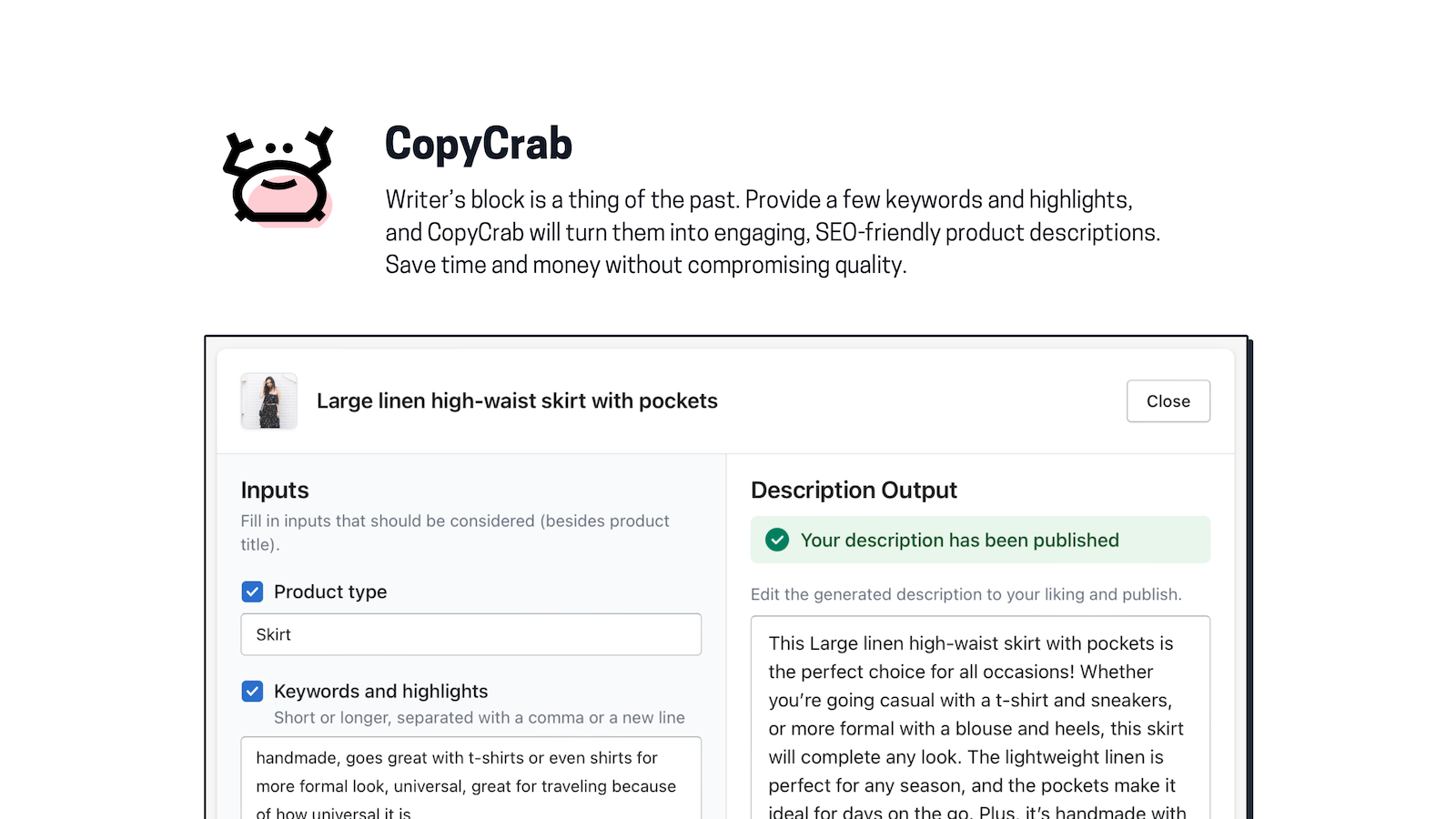 Cree descripciones de productos atractivas en segundos con CopyCrab.