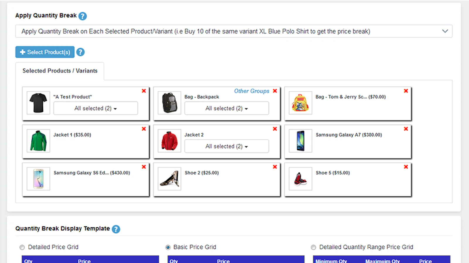 products and variant selection in the quantity breaks/price tier