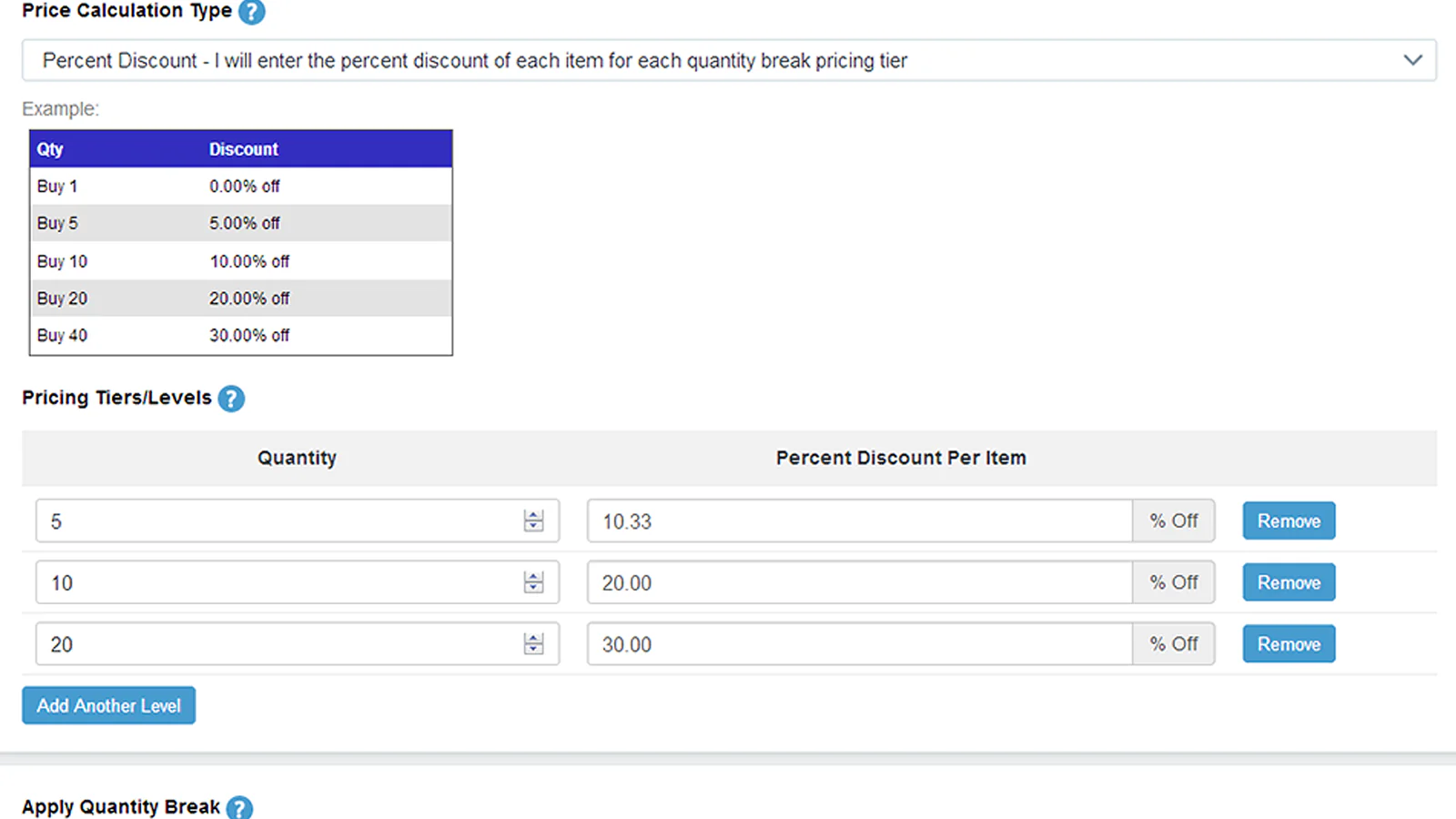 pricing tiers setting in the quantity breaks/price tiers entry p