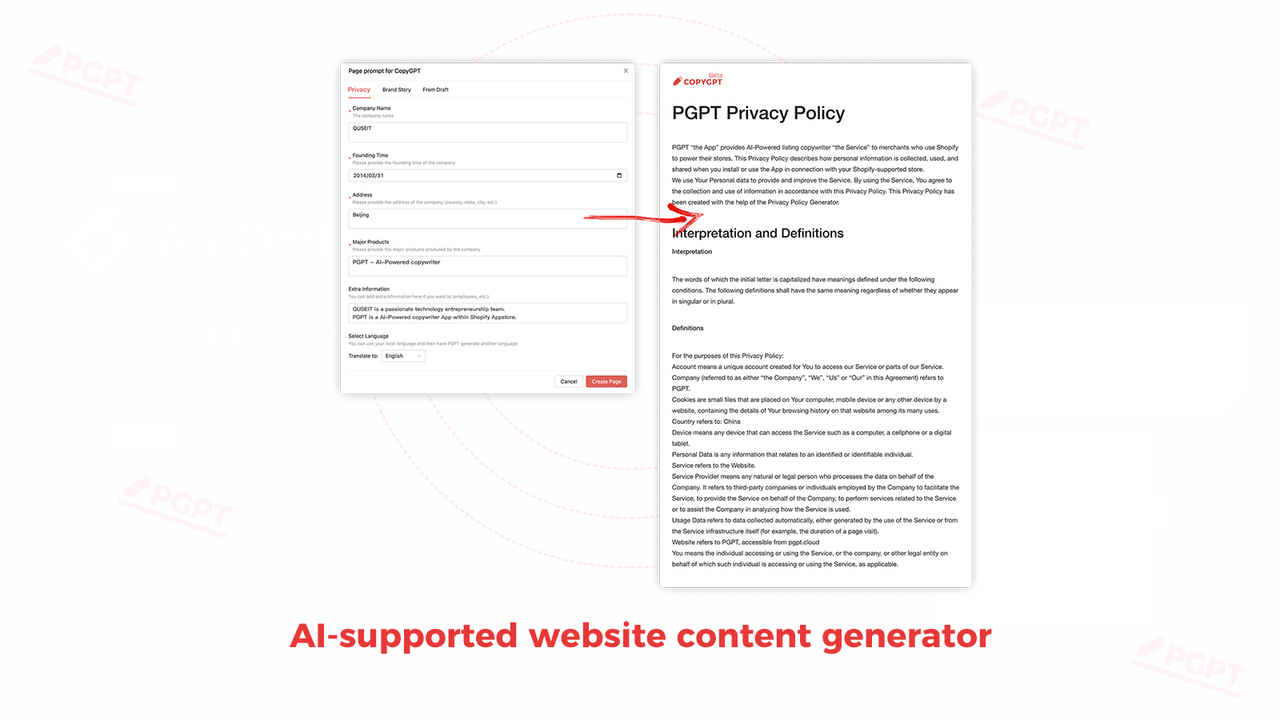 Gerador de conteúdo de site suportado por IA