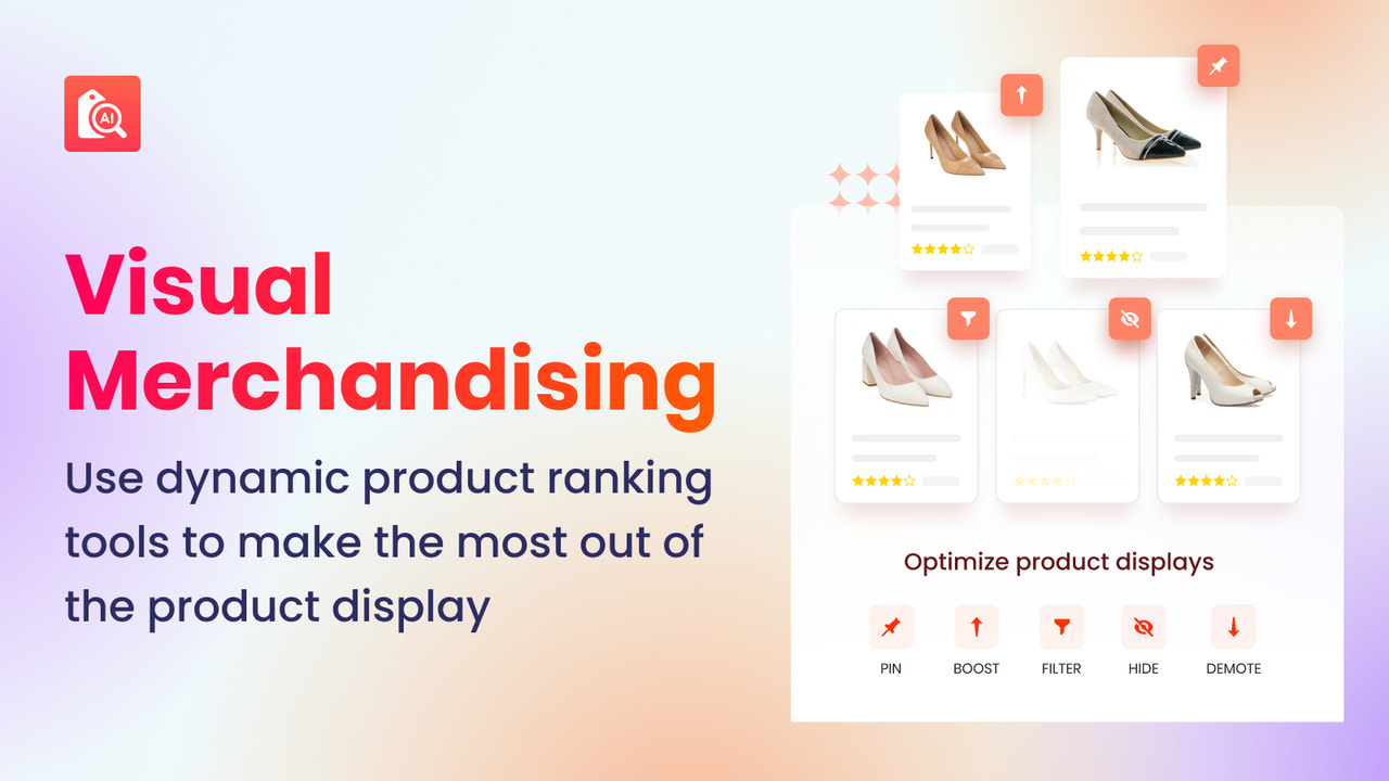 Merchandising Visual Shopify com regras de fixar, impulsionar, ocultar, rebaixar
