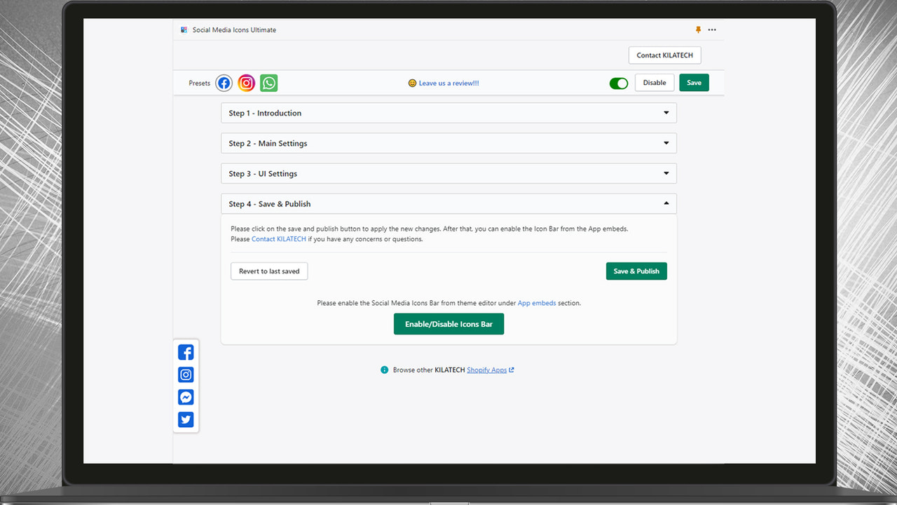 Étapes de la page de paramètres des icônes de médias sociaux - Activation de l'application d'icônes