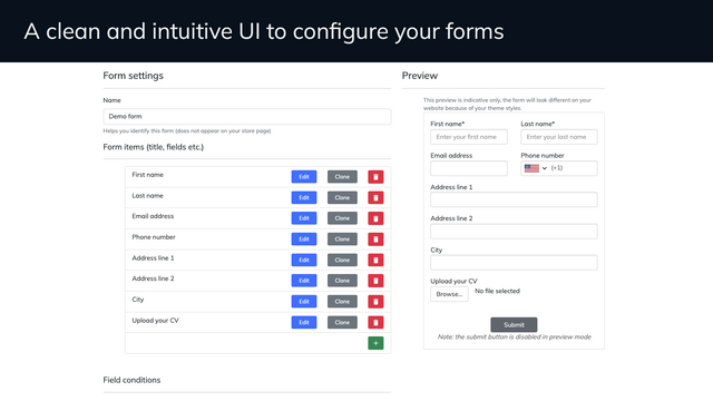 Una interfaz de usuario limpia e intuitiva para configurar tus formularios