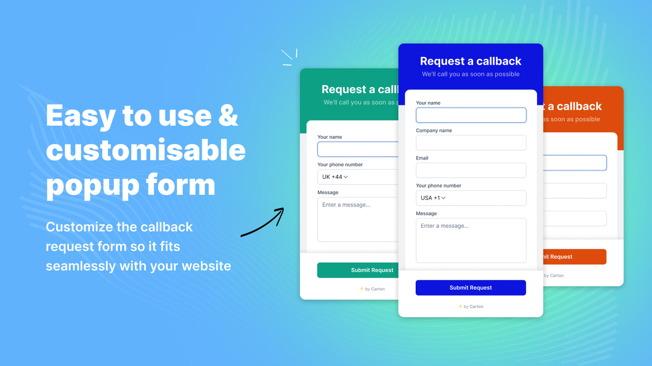 Showing the customisation options of the callback form