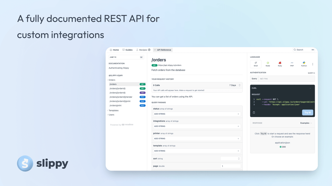 Una API REST completamente documentada, para integraciones personalizadas de almacén