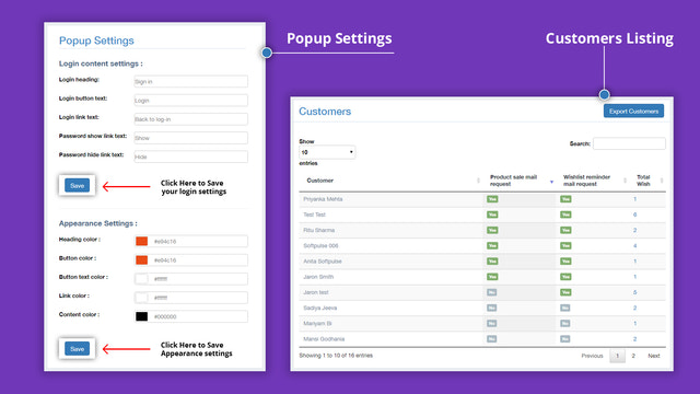 login popup design settings and customers list for wishlist