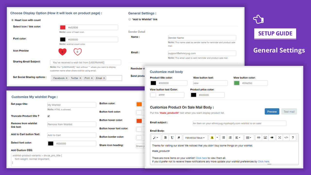 configuración de la aplicación shopify para lista de deseos + compartir + recordatorio