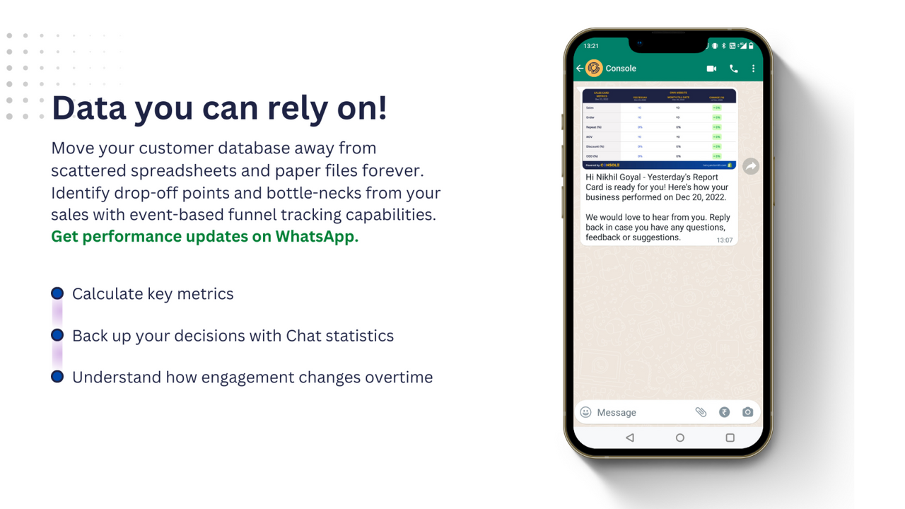 Rapports de performance commerciale quotidiens directement sur votre WhatsApp