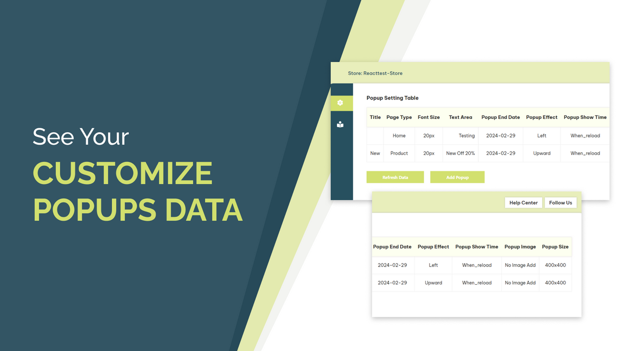 Setting information Data table. and Add Popup button.