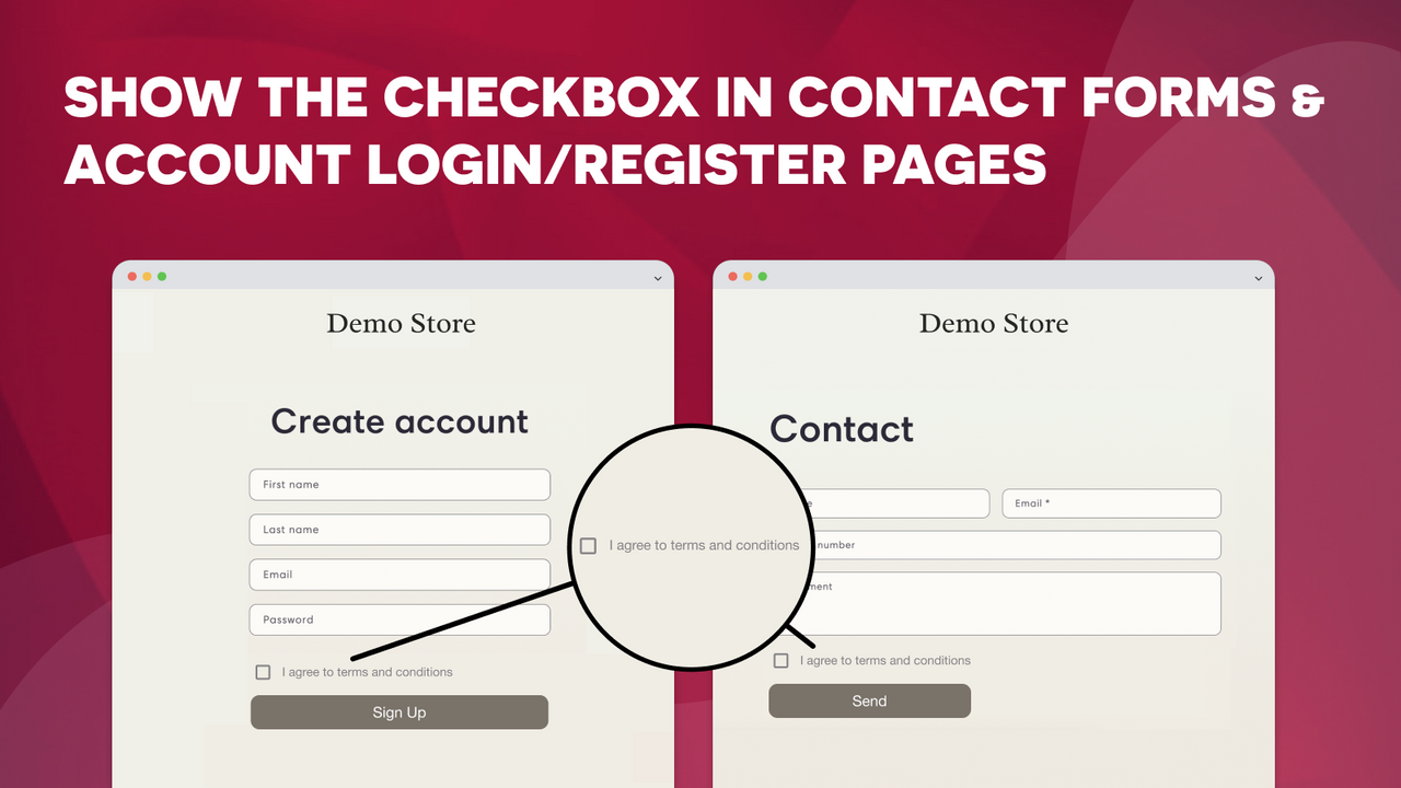 A caixa de seleção aparece nas páginas de registro, login e formulário de contato