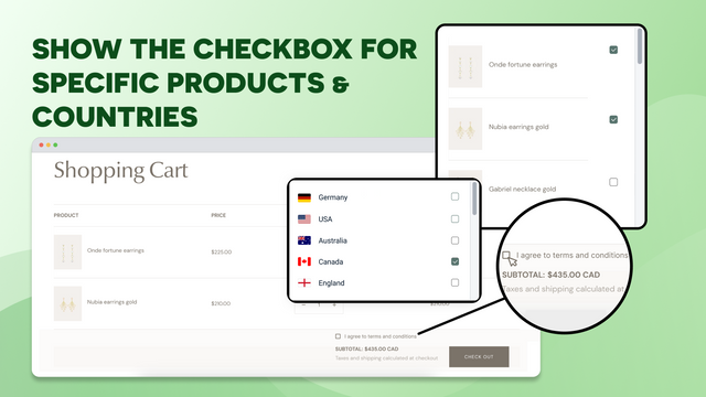 A caixa de seleção pode ser adicionada para produtos específicos e países