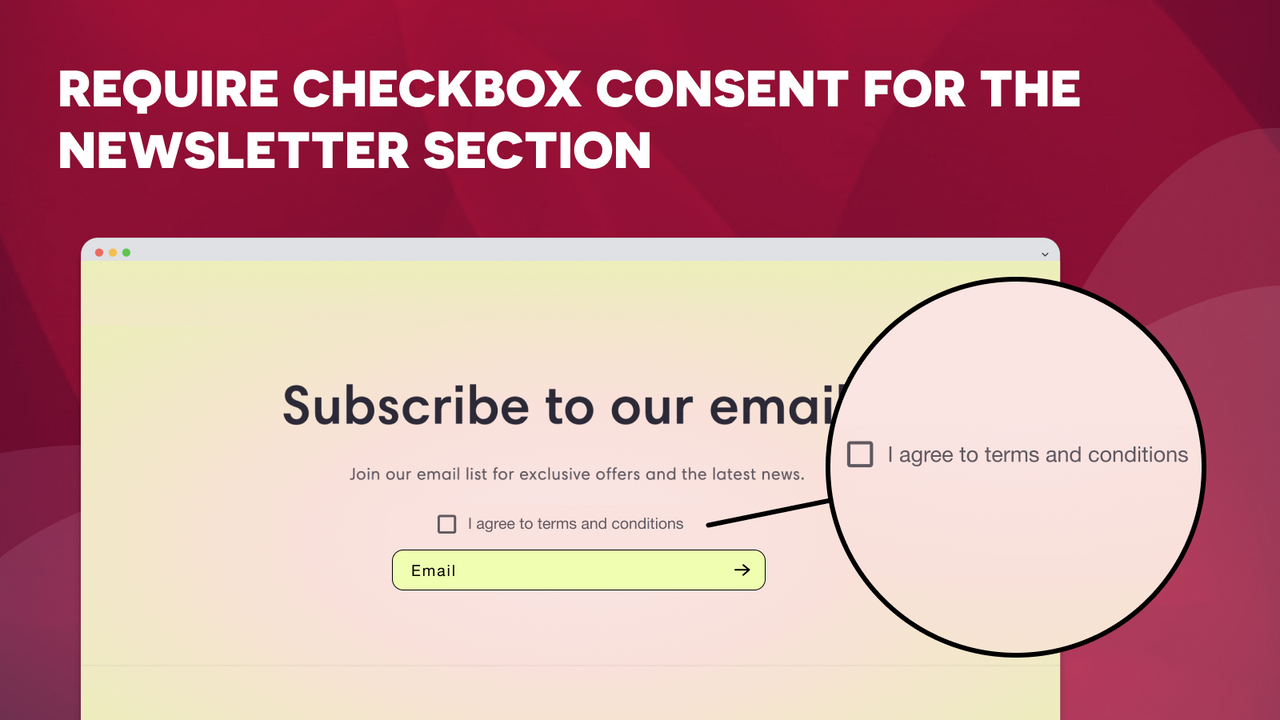 The terms and conditions appears in a newsletter checkbox