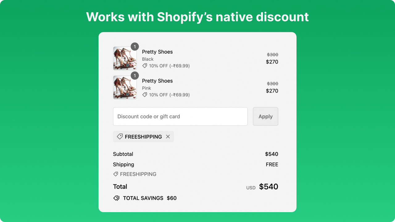 Funciona com descontos nativos do Shopify 