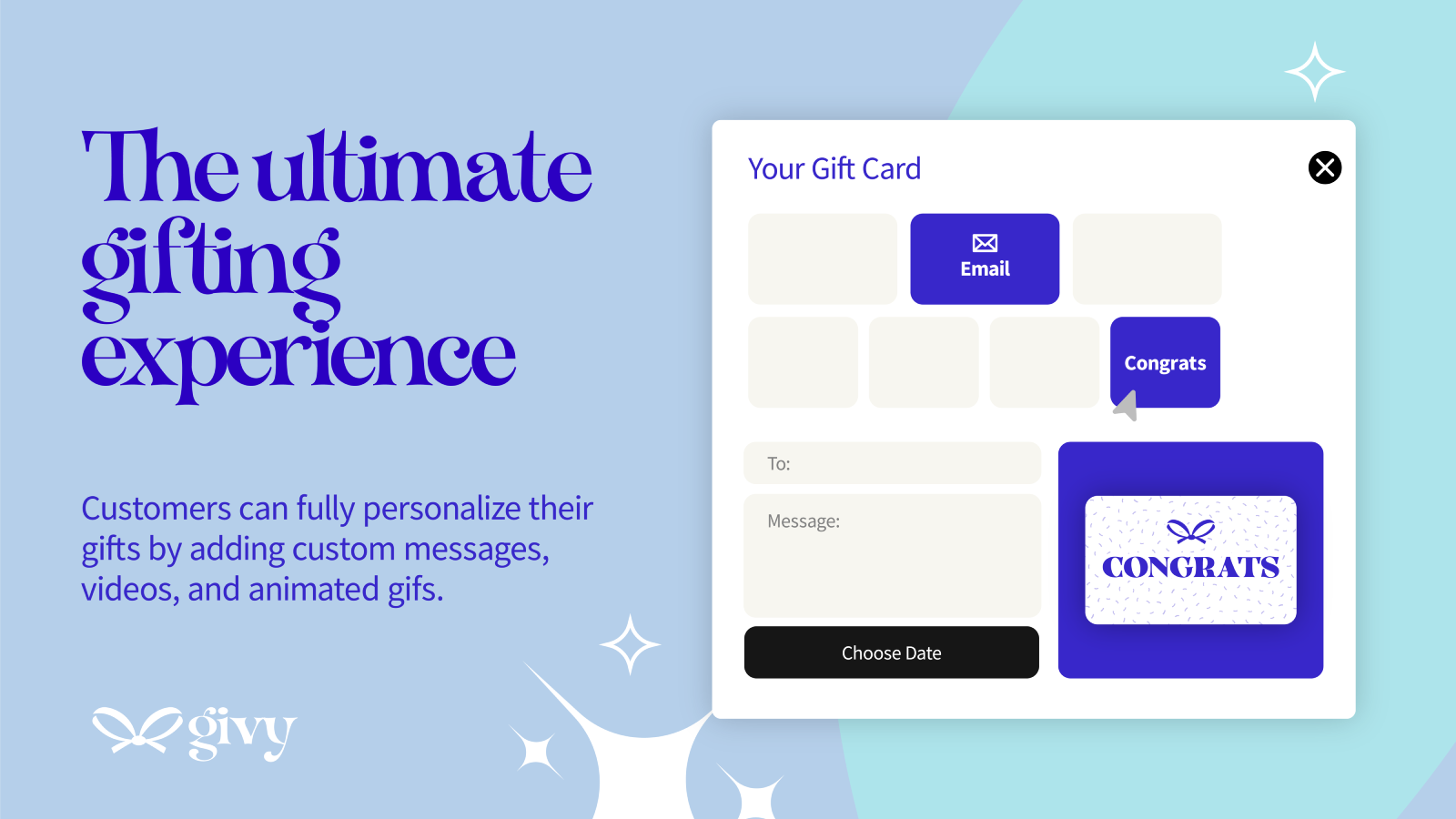 Gift card personalization - include custom messages, gif, video