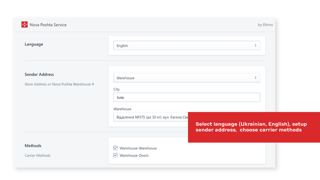 Configure o idioma, endereço do remetente e métodos de transporte