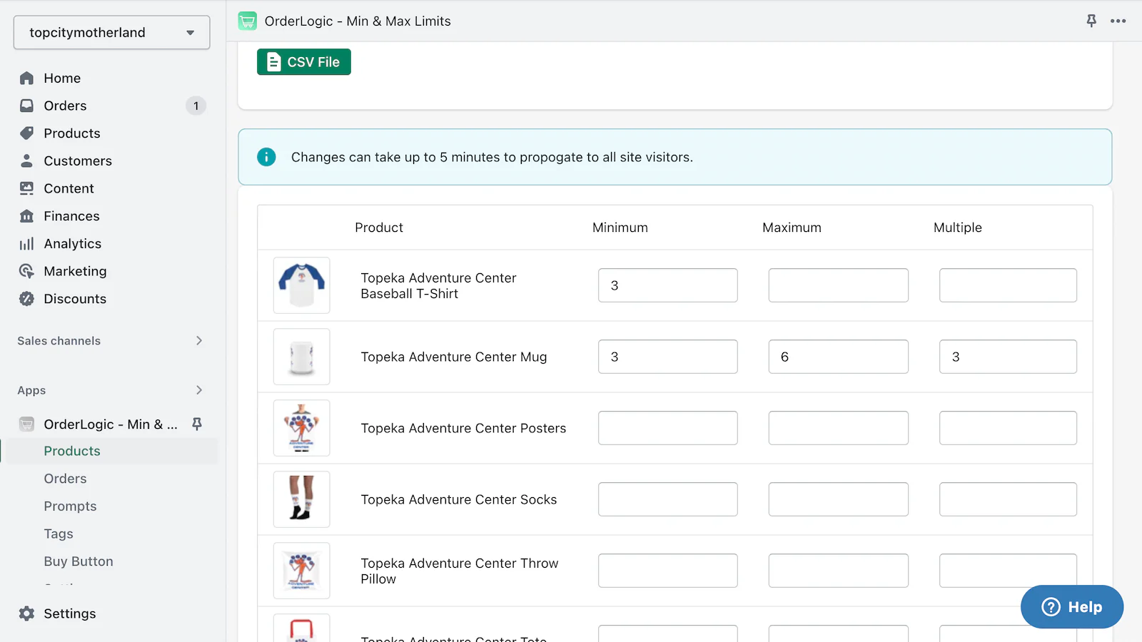 products interface for setting limits