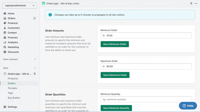 orders interface for setting limits