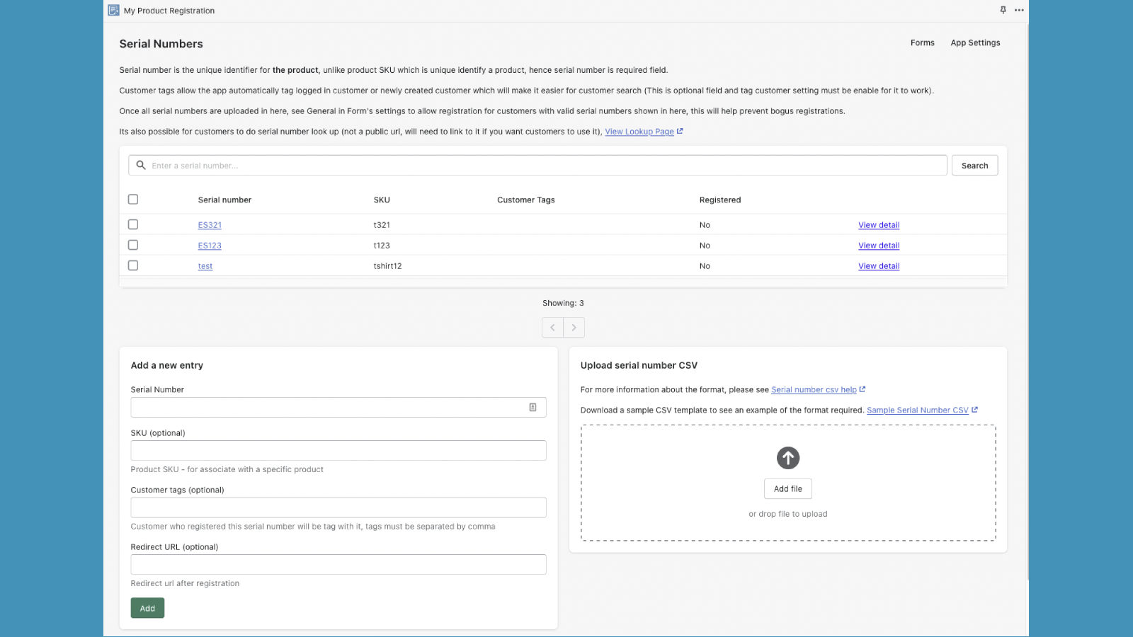 Admin - Números de série e ações disponíveis