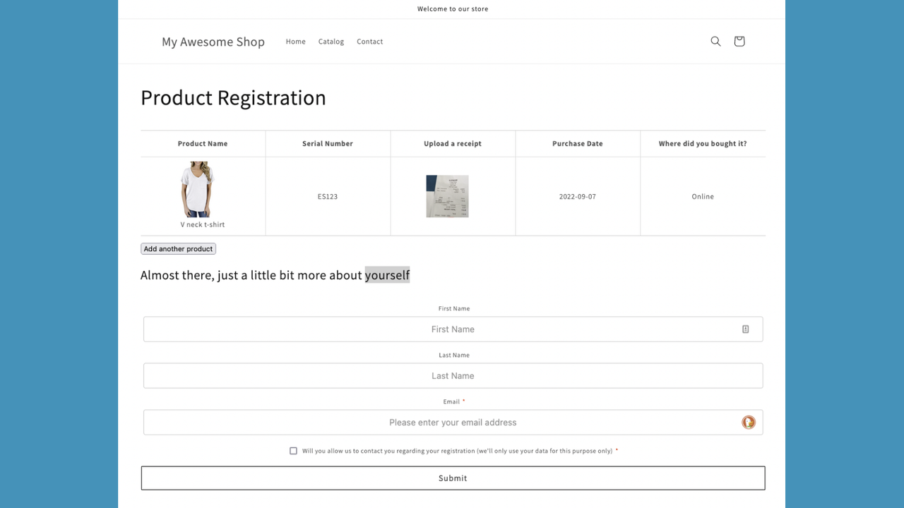 Trin 2. Gennemgang, mulighed for at registrere flere produkter og mulighed