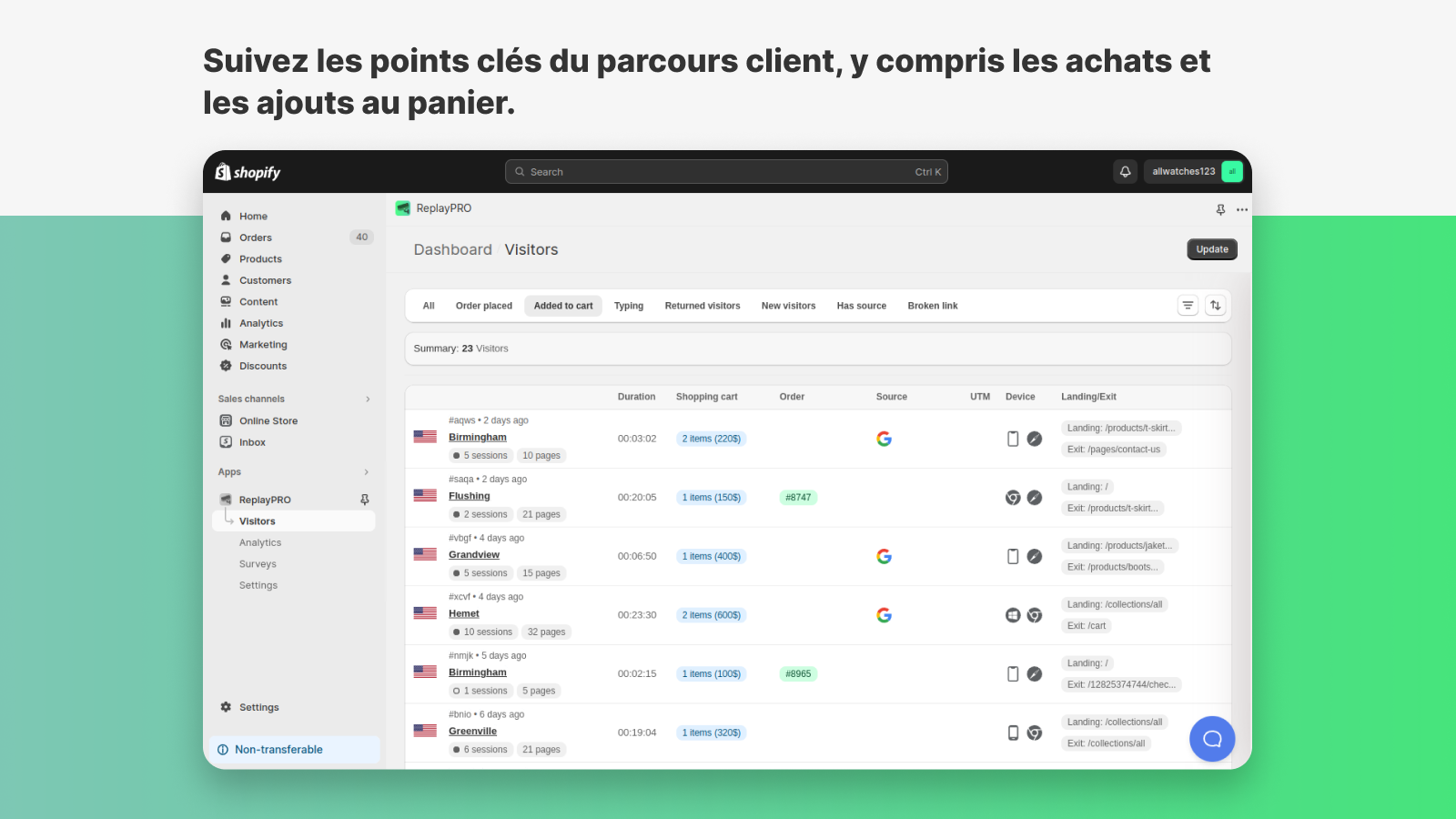 Suivez les points clés du parcours client, y compris les achats 