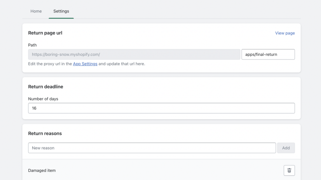 configure order returns and exchange page